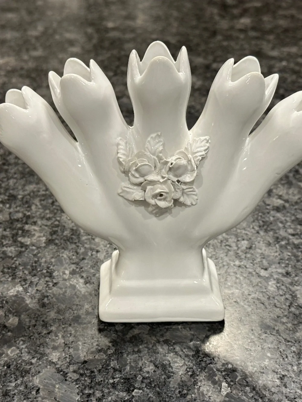 White Ceramic Five Finger Tulipiere Bud Vase with Floral Rose Appliqué